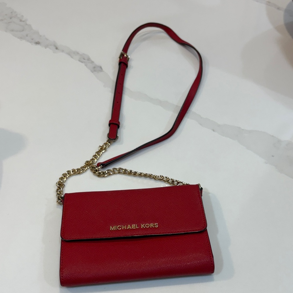 Michael Kors Cherry Red Crossbody Bag with Gold Chain